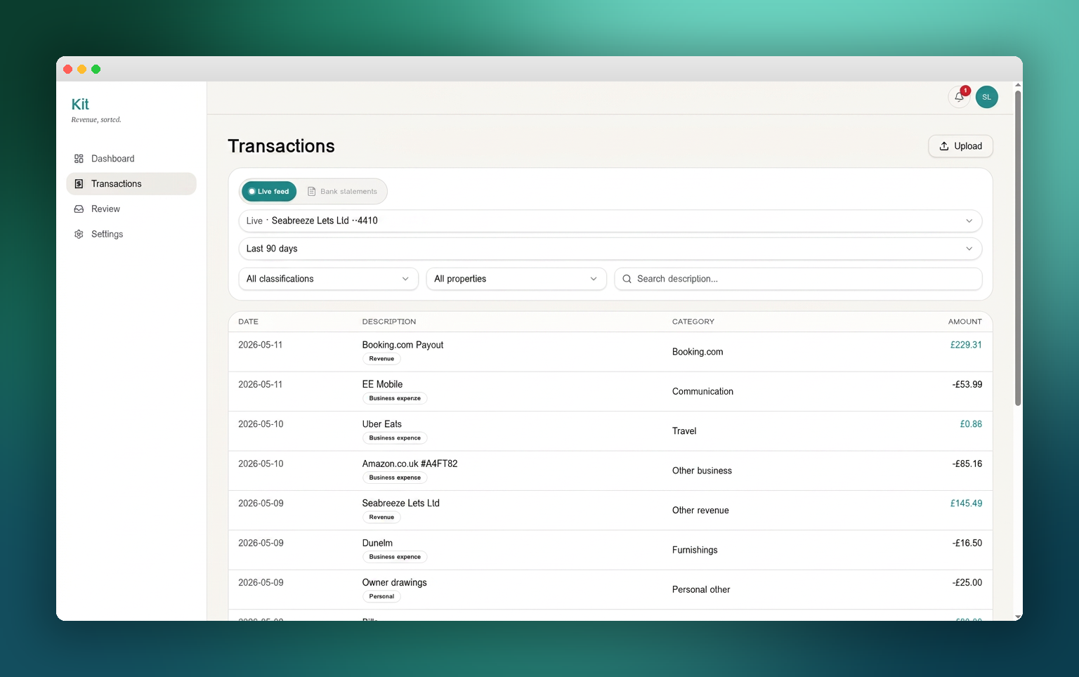 Floating transaction cards being sorted by Kit's AI